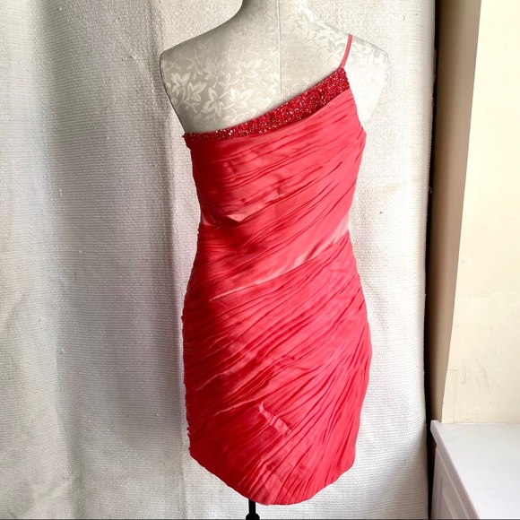 Theia 4/6 Silk Short Gathered Party Dress Coral - Picture 4 of 8